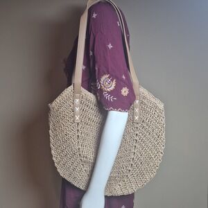 Woven Straw Round Tote Bag Summer Beach Shoulder Purse Tan Boho Large NEW